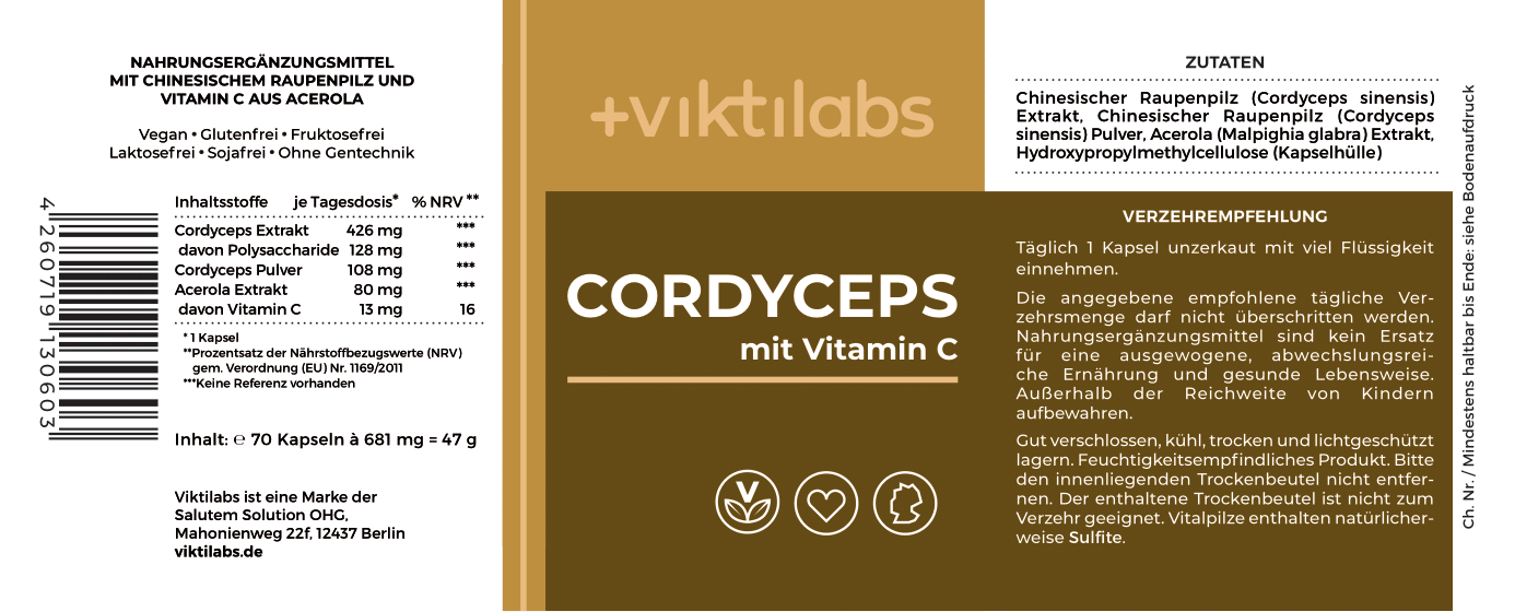 Premium Cordyceps Vitalpilz - 70 Kapseln mit Vitamin C