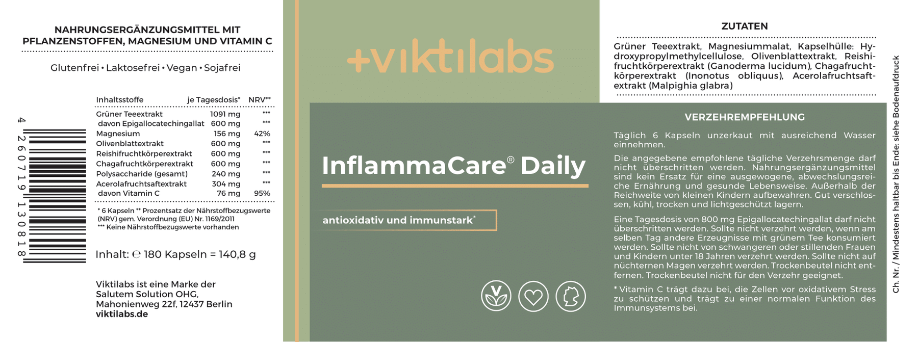Entzündungshemmende Kraft der Natur: InflammaCare Daily©️ mit Reishi, Olivenblattextrakt, Grünteeextrakt, Chaga, Magnesium und Vitamin C - hochdosiert - 180 Kapseln