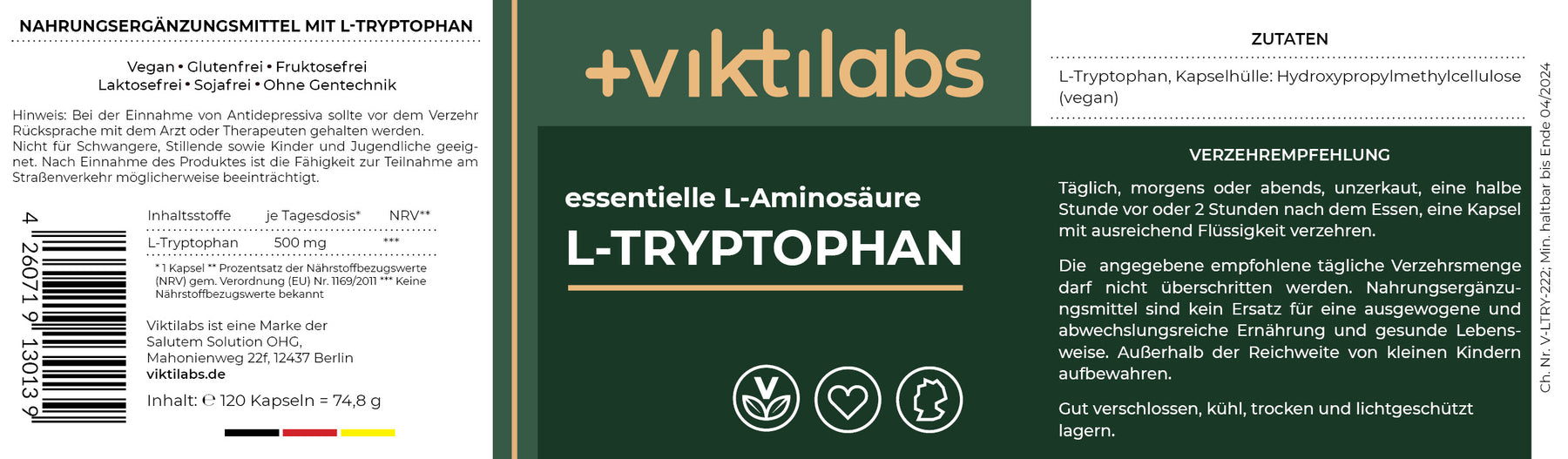 L-Tryptophan – Pflanzliche essenzielle Aminosäure - 120 Kapseln