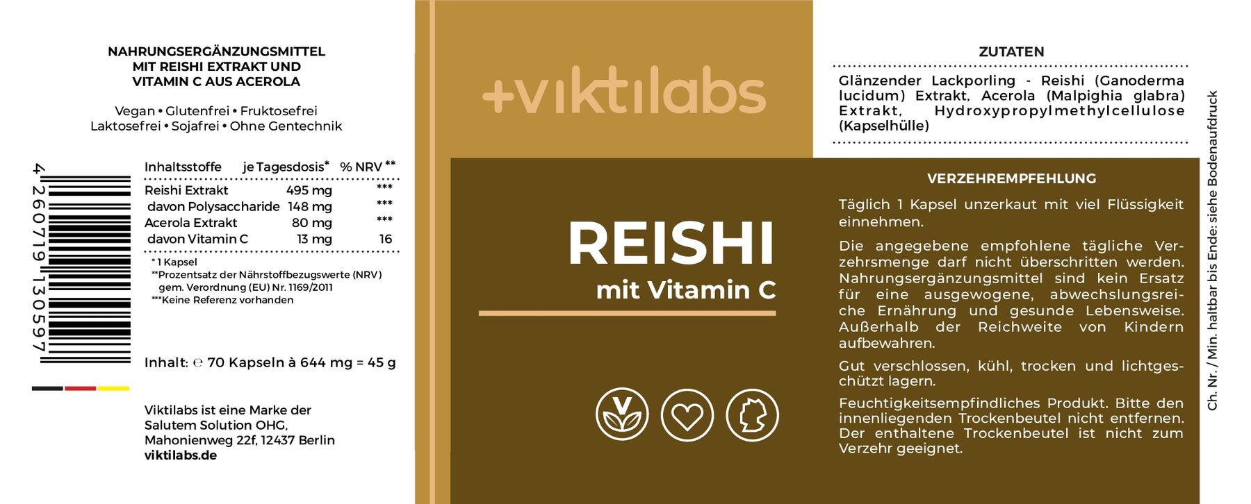 Premium Reishi Vitalpilz Extrakt - 70 Kapseln mit Vitamin C