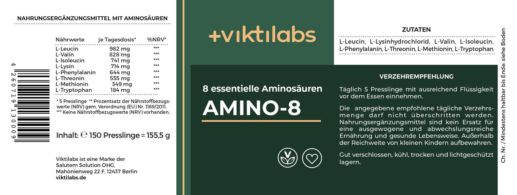 Amino 8 – alle essentiellen Aminosäuren in optimaler Kombination - nach dem Vorbild von Prof. Dr. Lucà-Moretti - 150 Presslinge