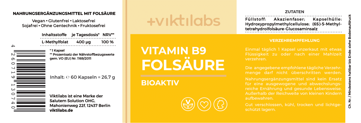 Vitamin B9 - Folsäure (Bioaktiv) - 60 Kapseln