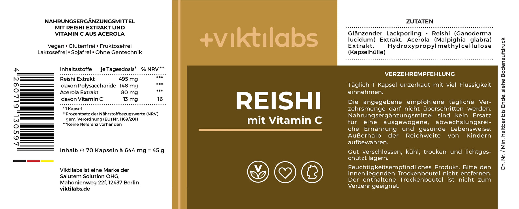 Premium Reishi Vitalpilz Extrakt - 70 Kapseln mit Vitamin C