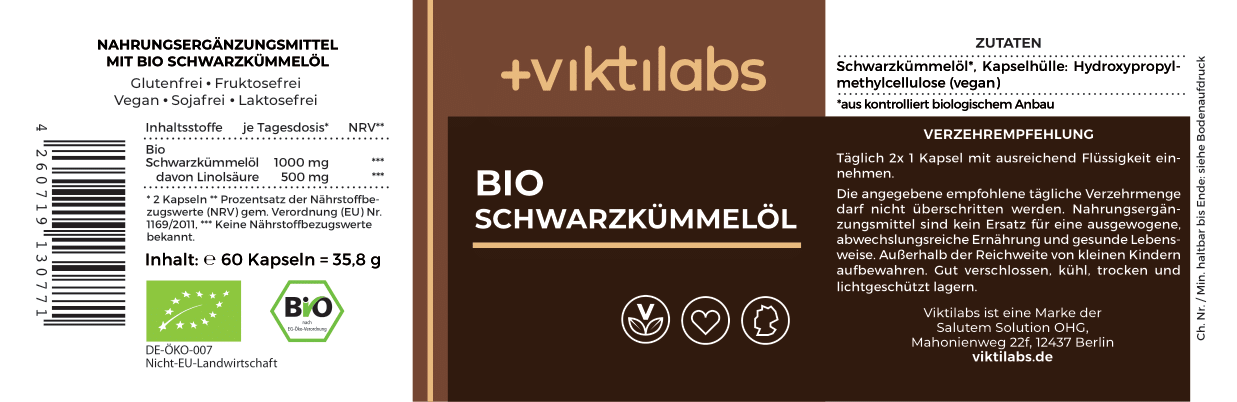 Bio Schwarzkümmelöl - reich an Linolsäure - 60 Kapseln