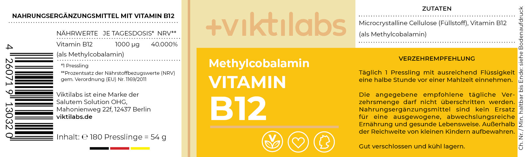 Vitamin B12 - aus bioaktivem, direkt verwertbarem Methylcobalamin - 180 Presslinge